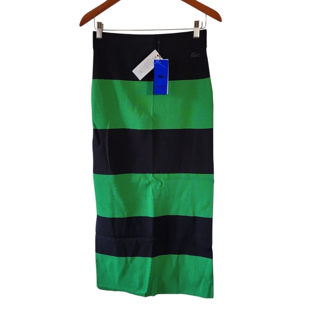 MWT LACOSTE Women's LIVE Long Striped Knit Skirt Sz 38 Green Minimalist Coquette